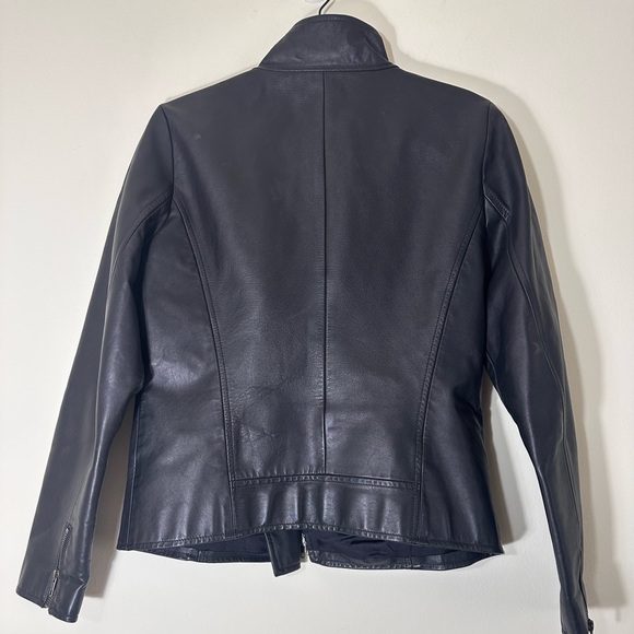 Eileen Fisher Leather black moto biker jacket Asymmetrical zip size small - Picture 7 of 16
